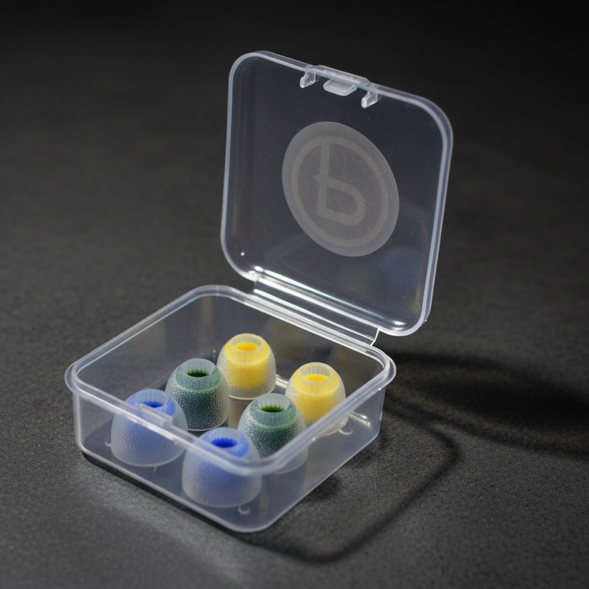 Clear container holding colourful IEM tips on a dark grey background.