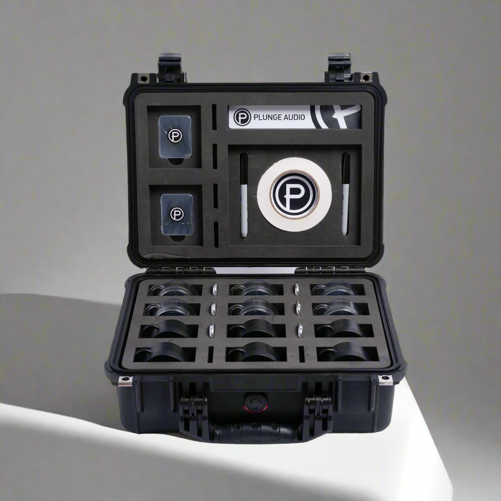 Black pelican case with 'Plunge Audio' branding on a grey background