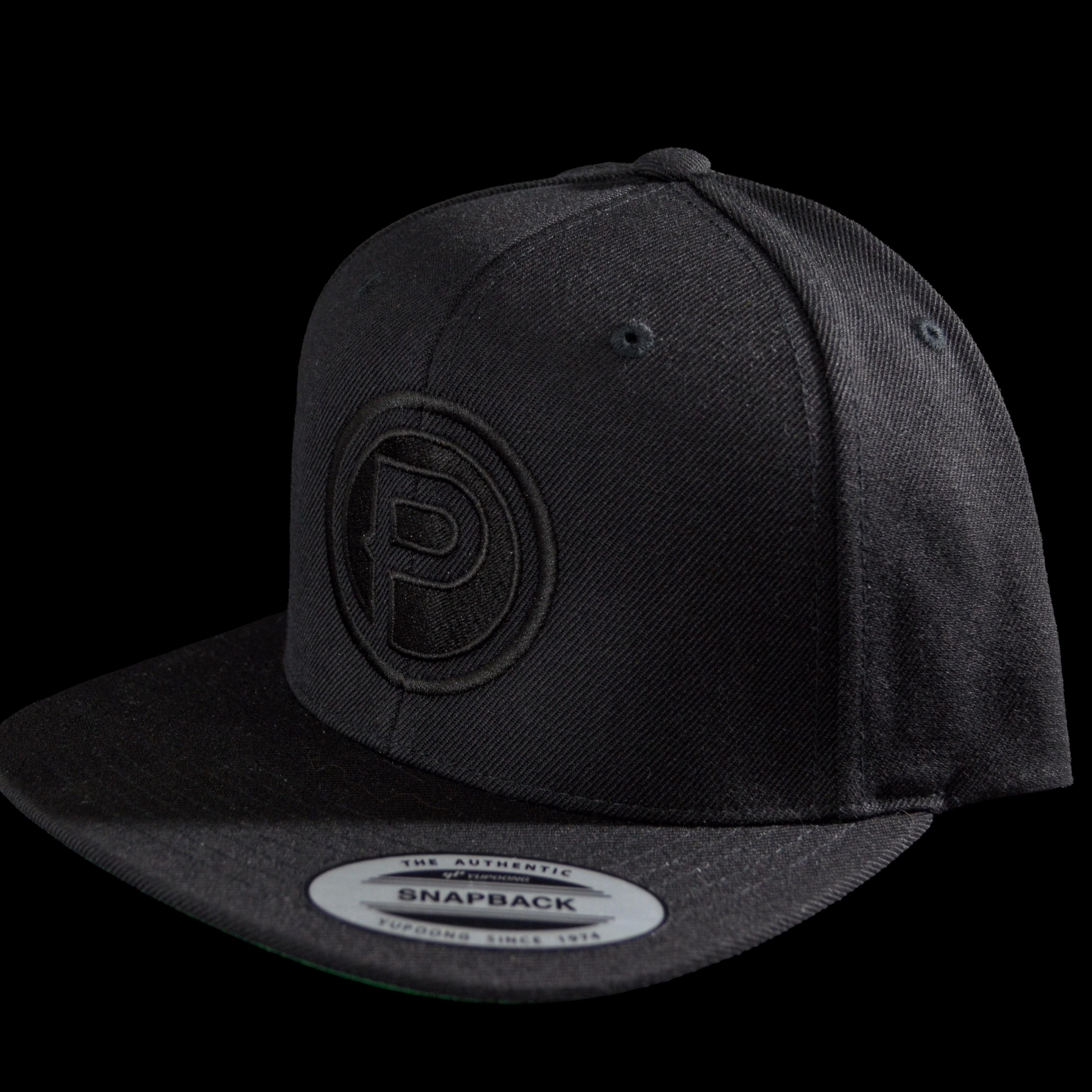 Black snapback cap with a P logo.