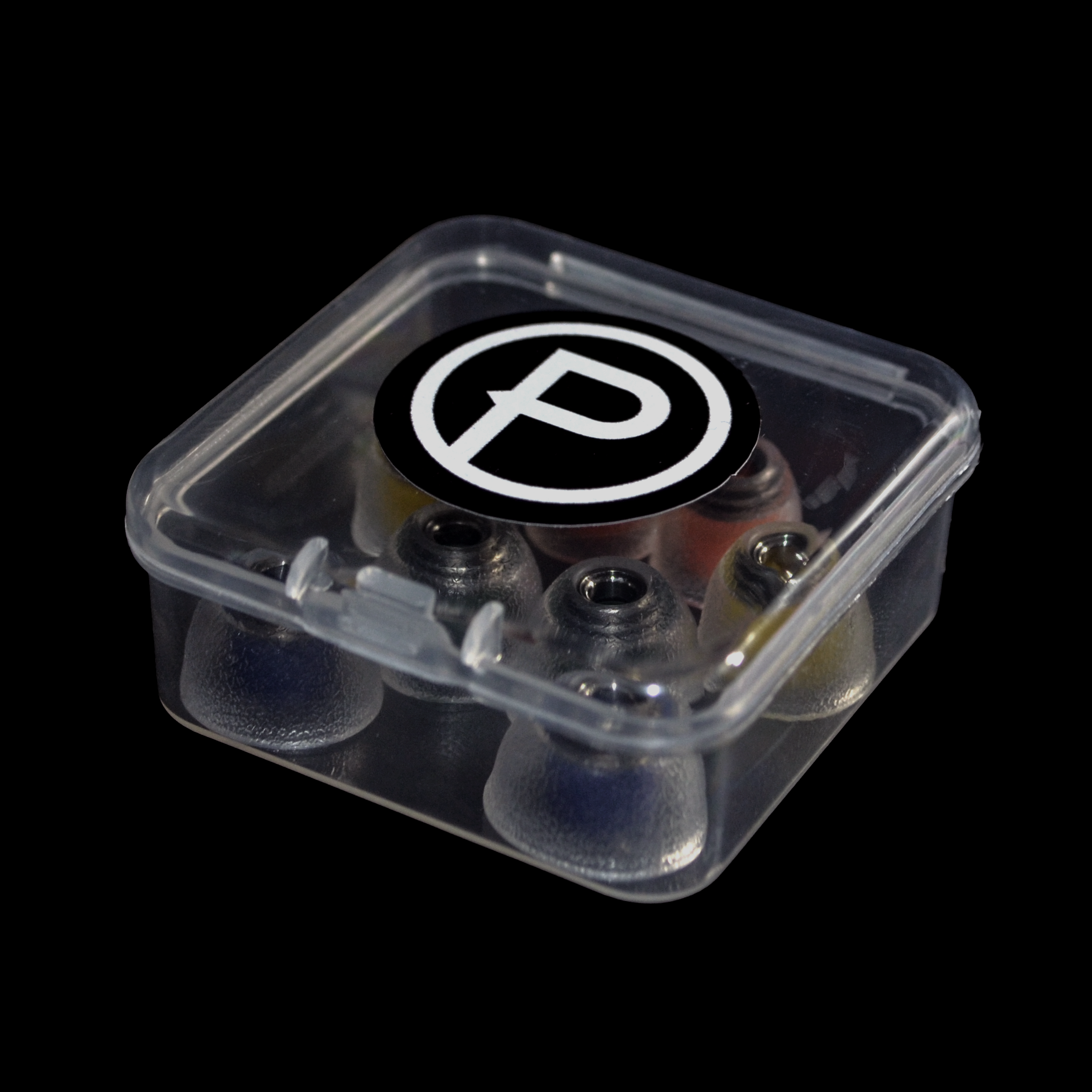 Clear plastic container with a black and white Plunge logo on a black background