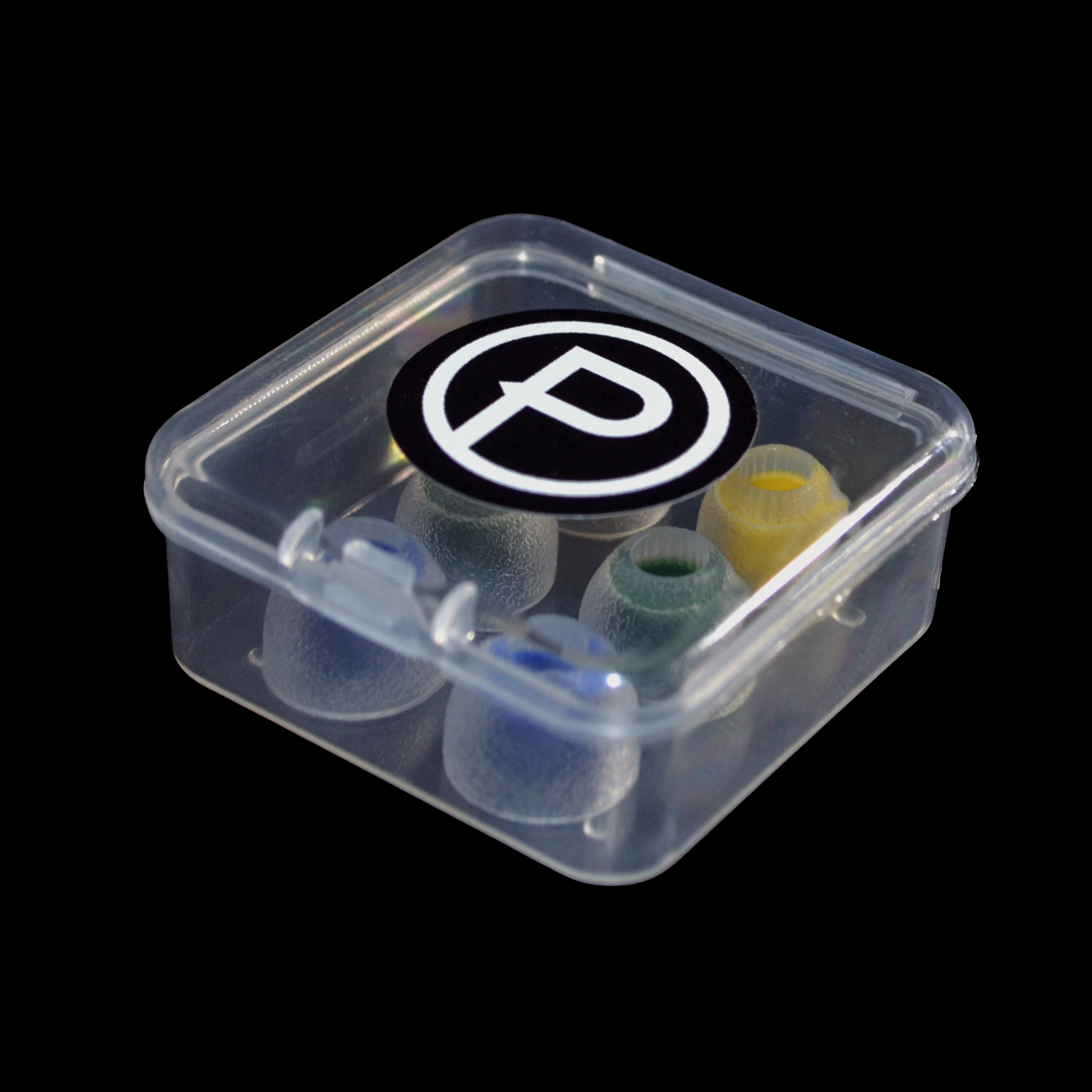 Clear plastic container with a black and white Plunge logo on a black background