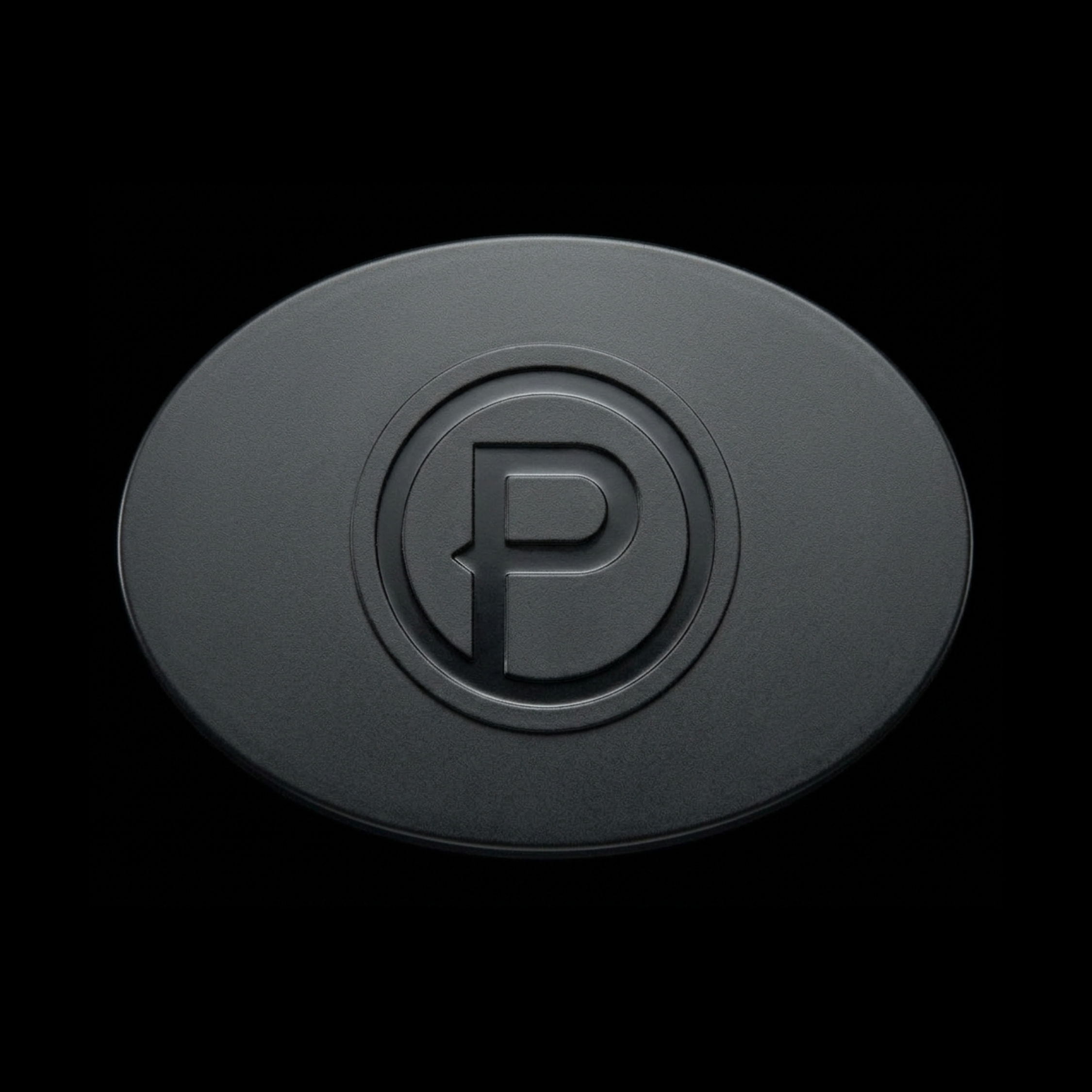 Black oval IEM case with a central P logo on a black background