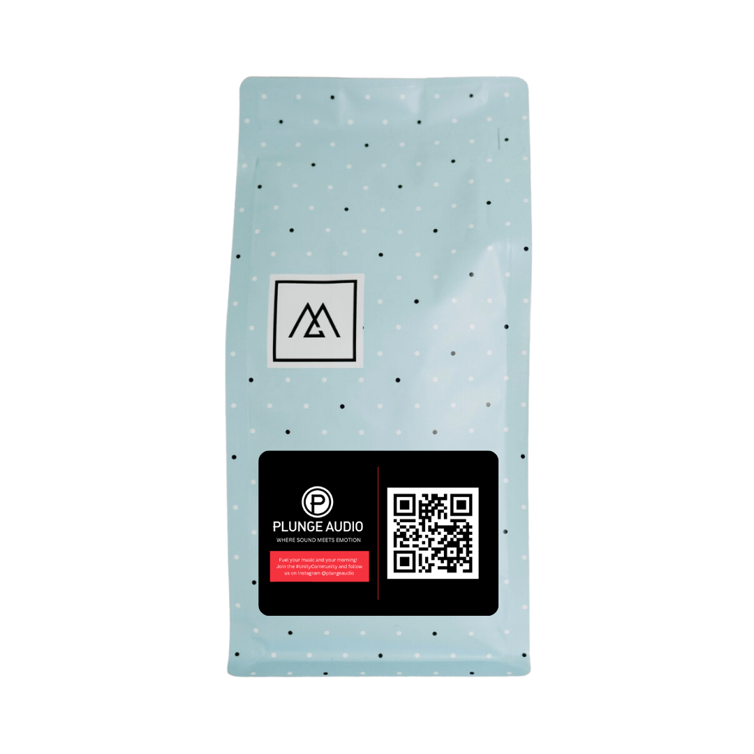 Blue bag of Monogram coffee with Plunge Audio label.