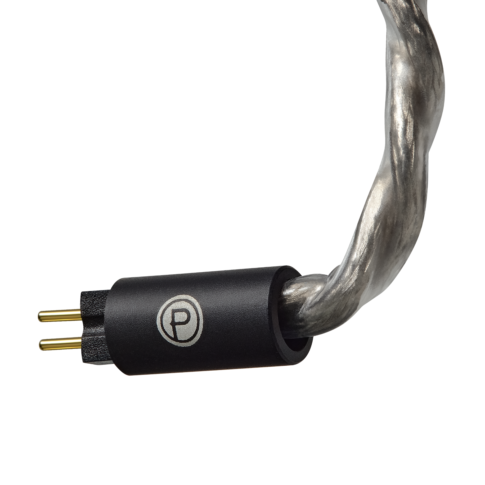 Braided cable with black 'Plunge Audio' branded end and gold 2-pin end.