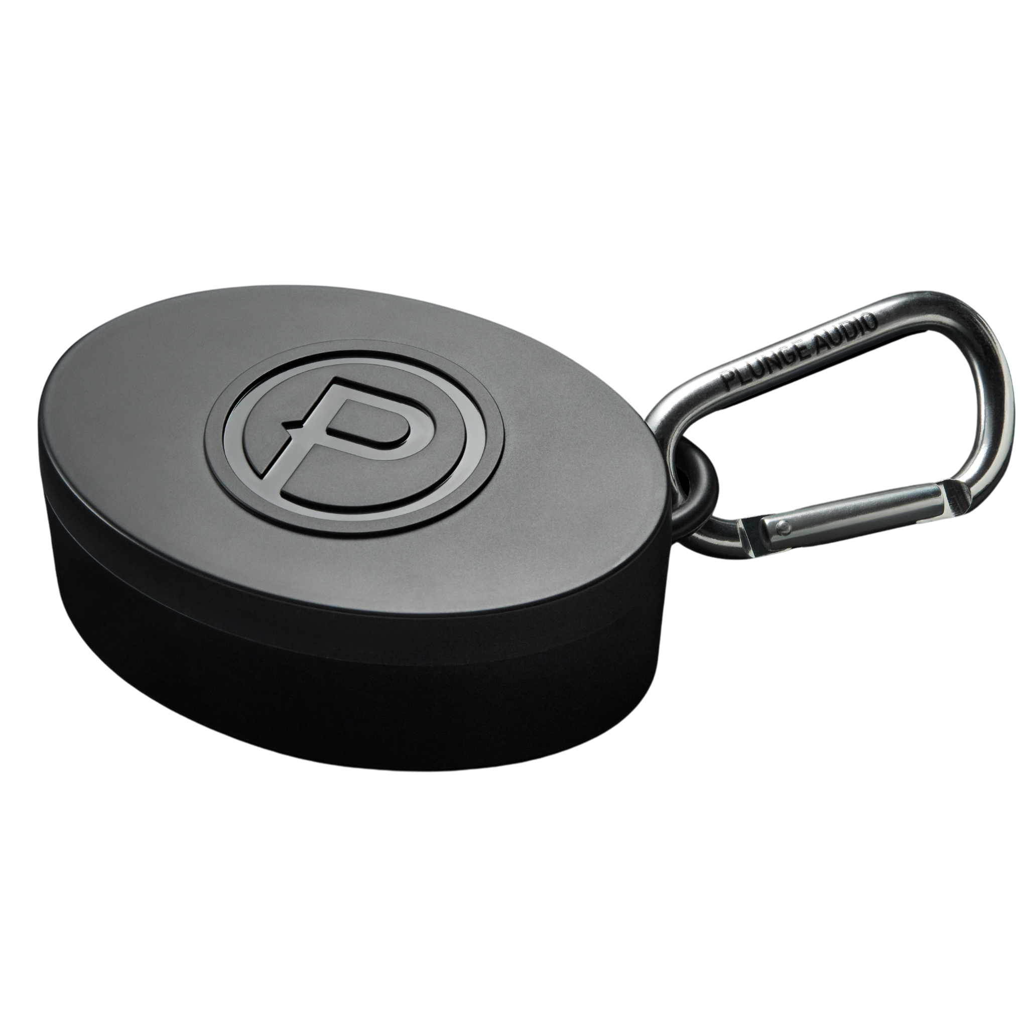 Black oval hardshell IEM case with silver carabiner.