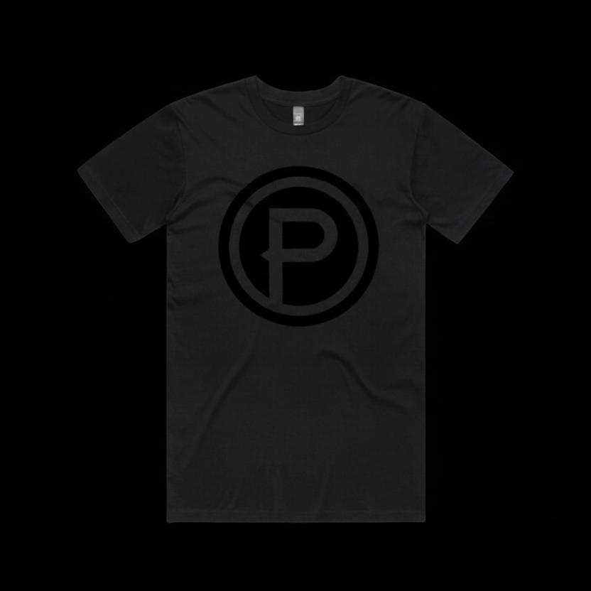 Black t-shirt with a large black 'P' logo on a transparent background