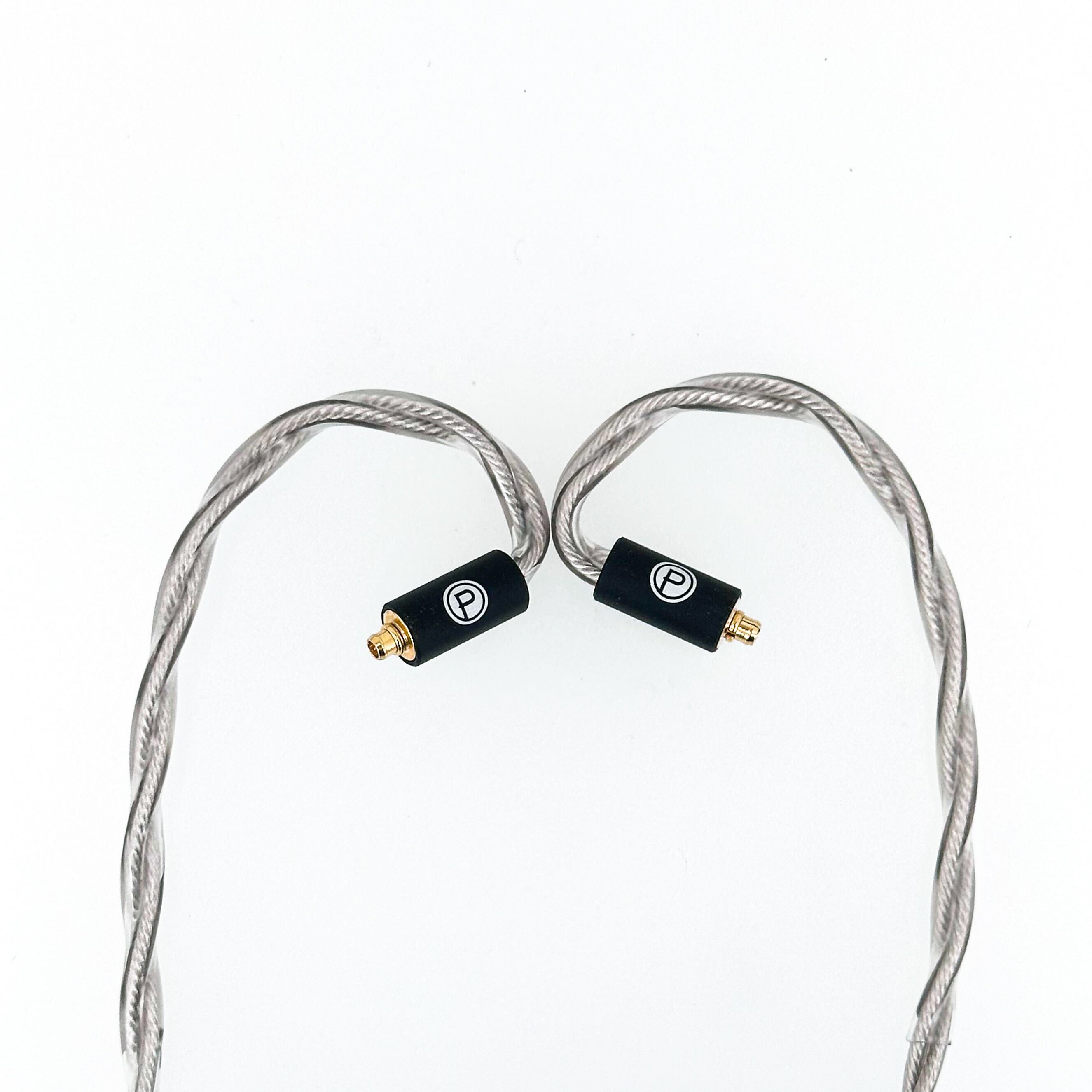 Silver IEM cable with Plunge branded mmcx connector.