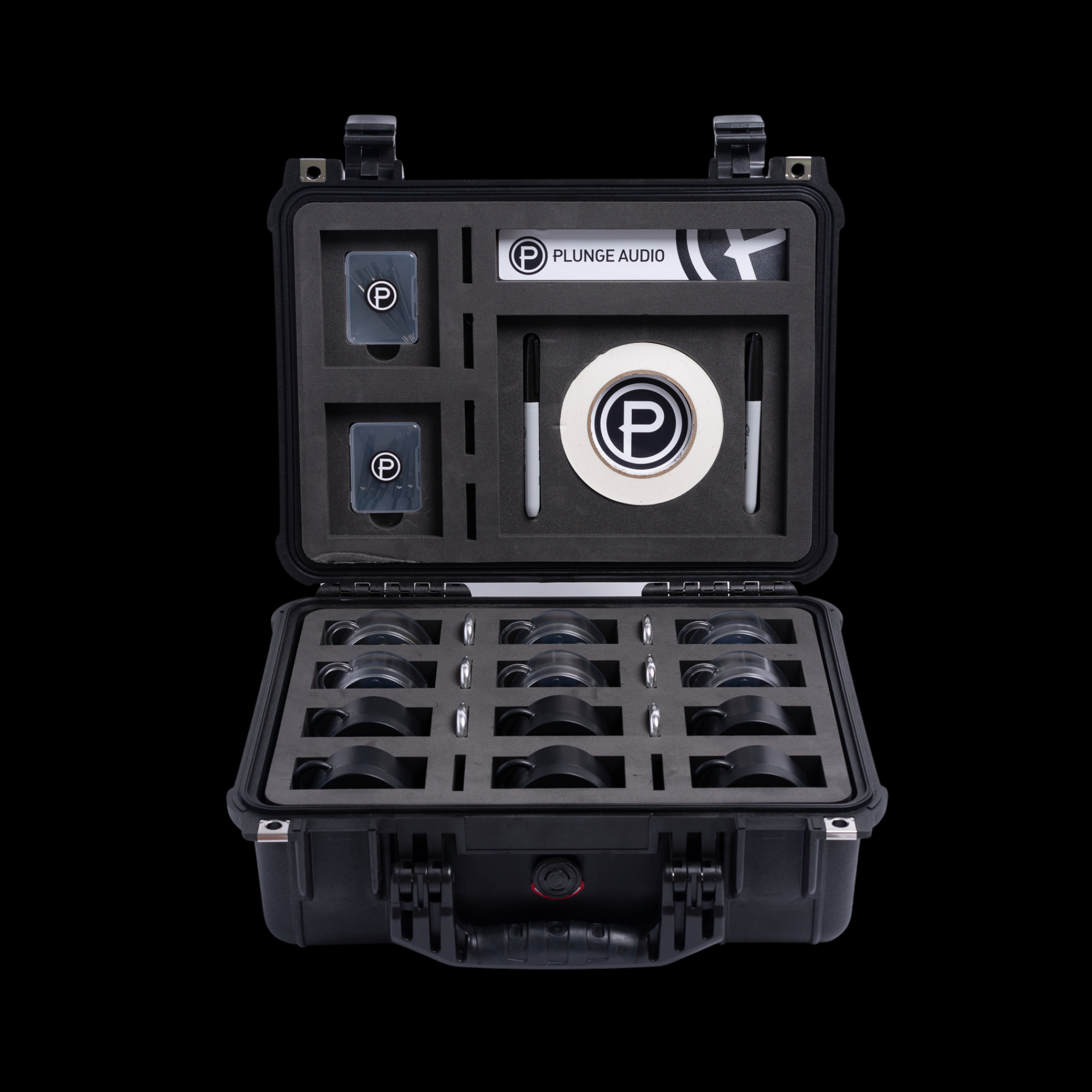 Black pelican case with 'Plunge Audio' branding and IEM compartments on a black background.