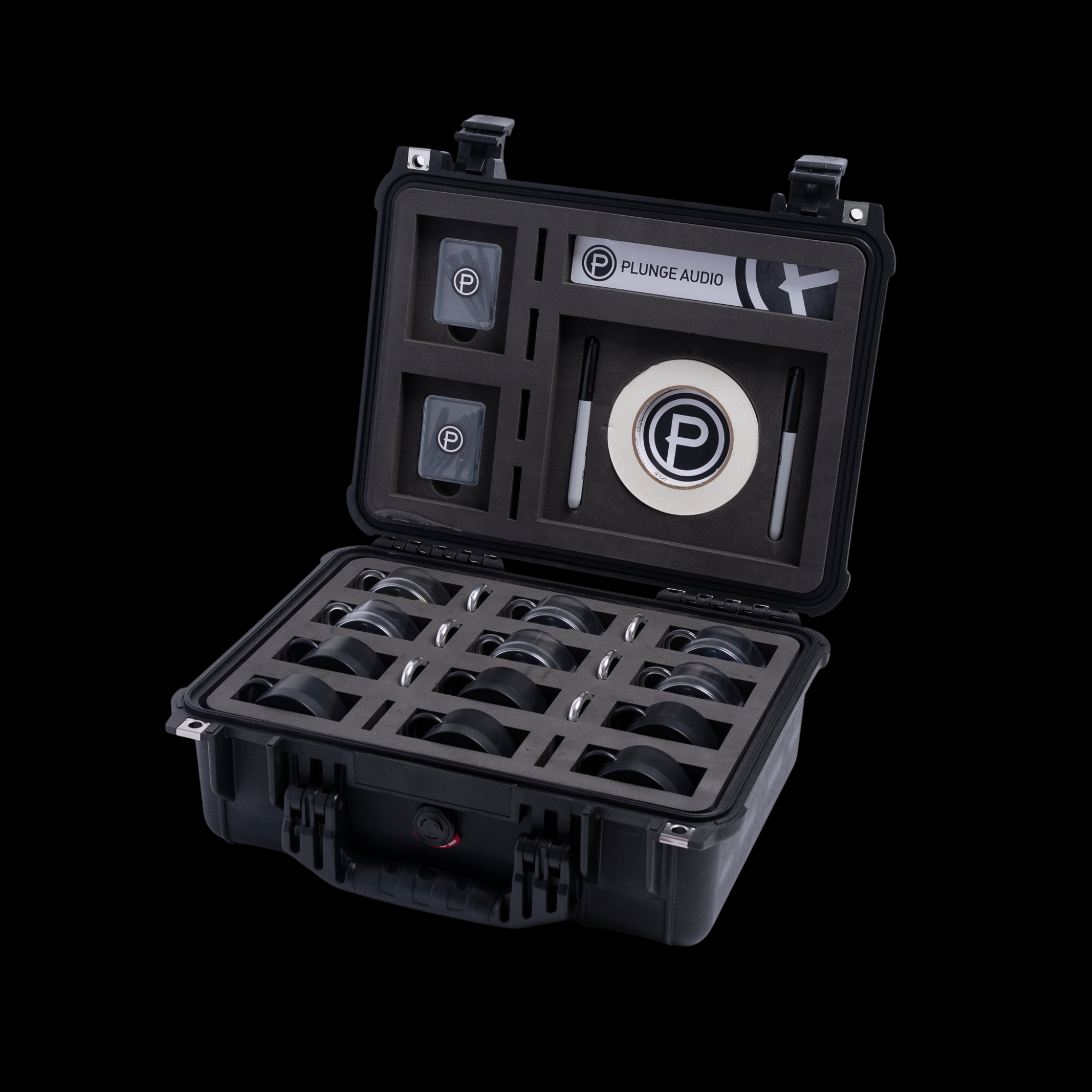 Black pelican case with 'Plunge Audio' branding on a black background
