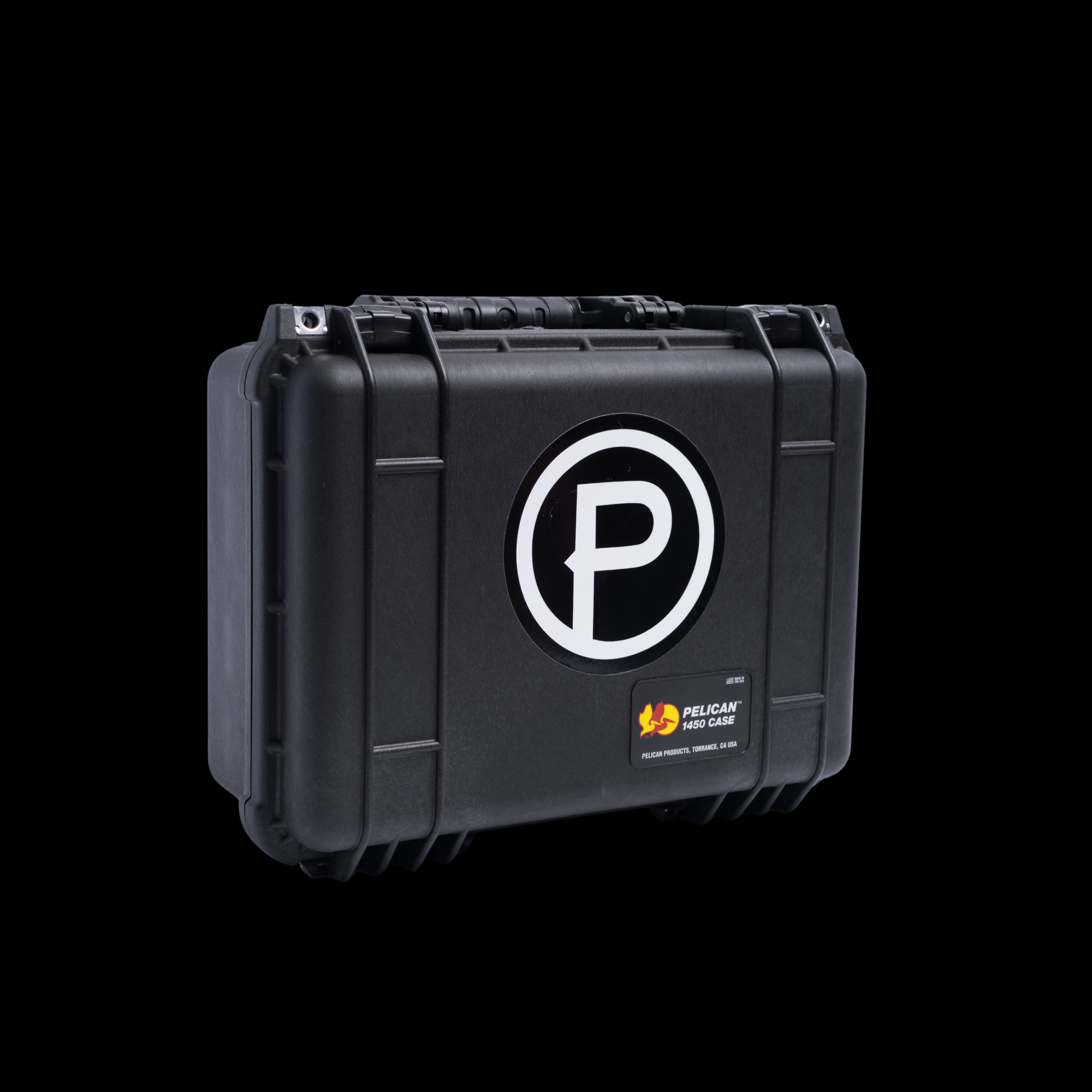 Black Pelican case with logo on a black background