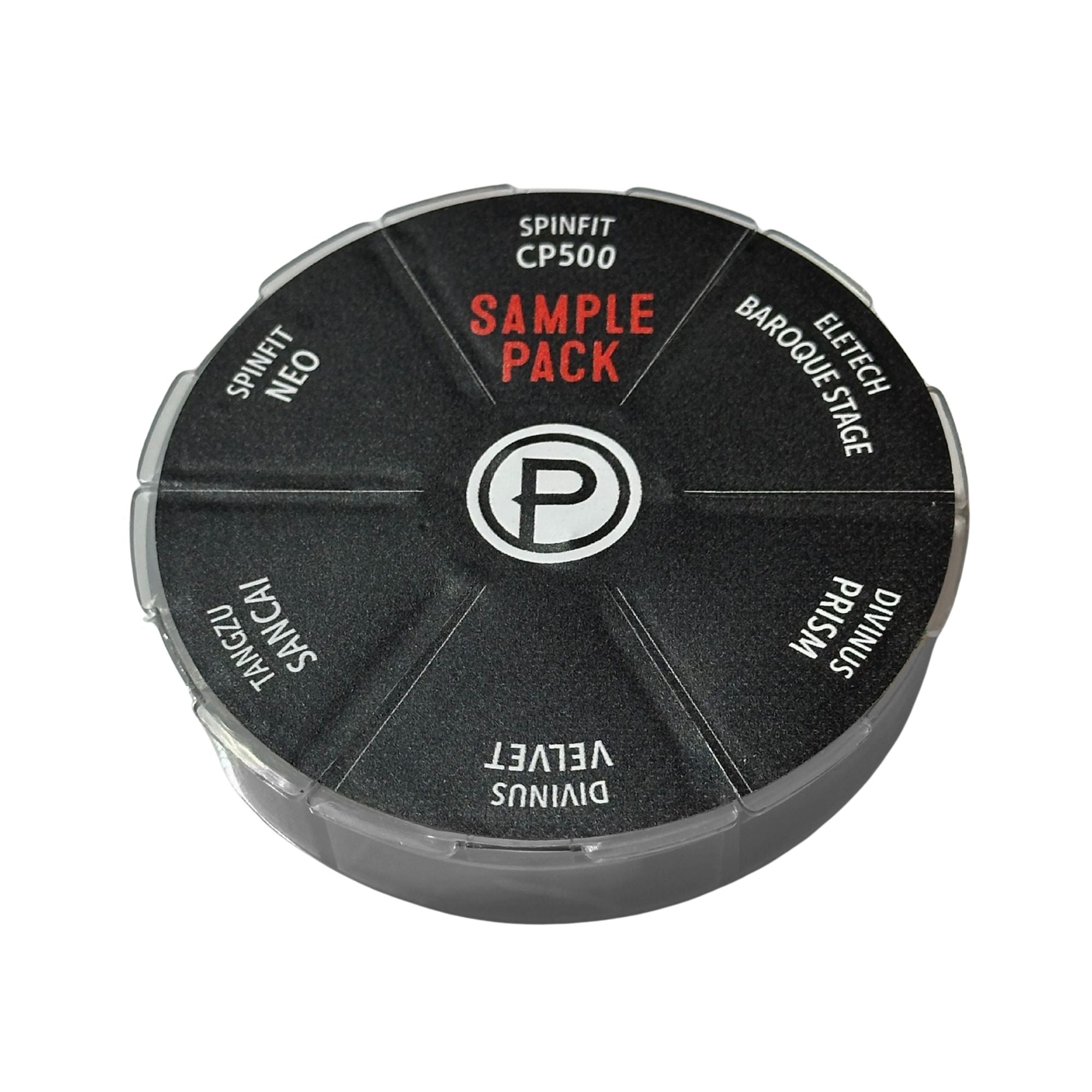 Round IEM tip sample pack with various product names on a white background
