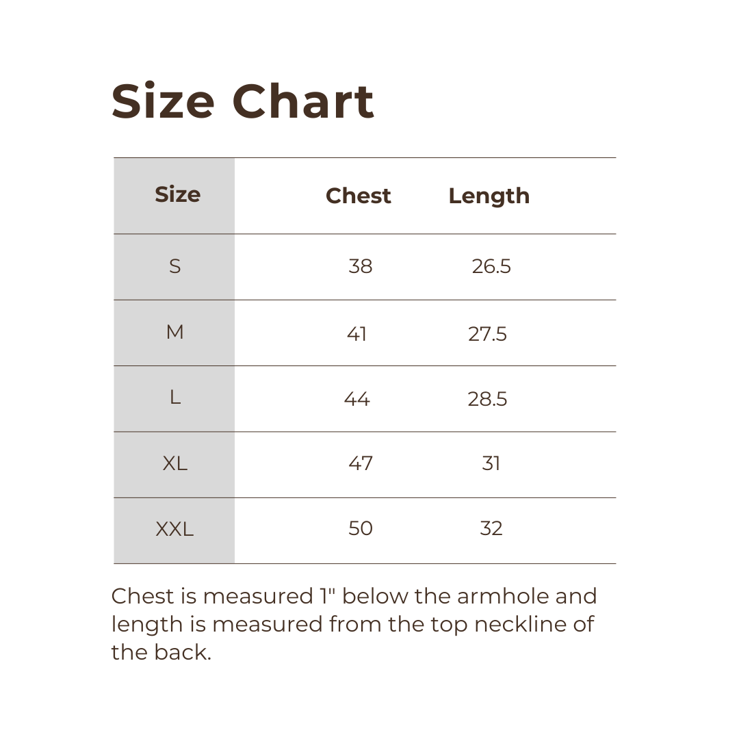 Plunge Audio t-shirt size guide.