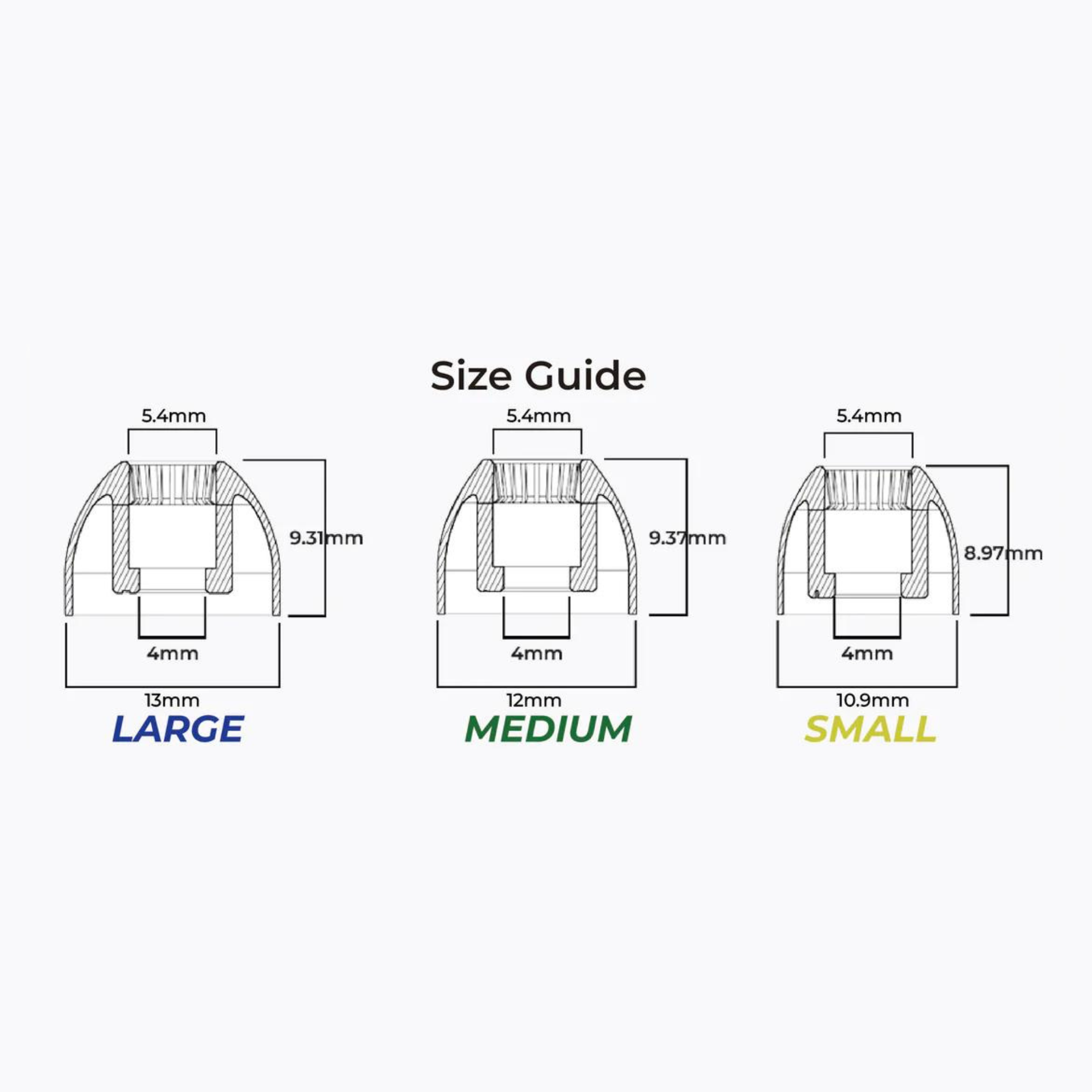 Tangzu silicone IEM tip measurements for small, medium, and large.