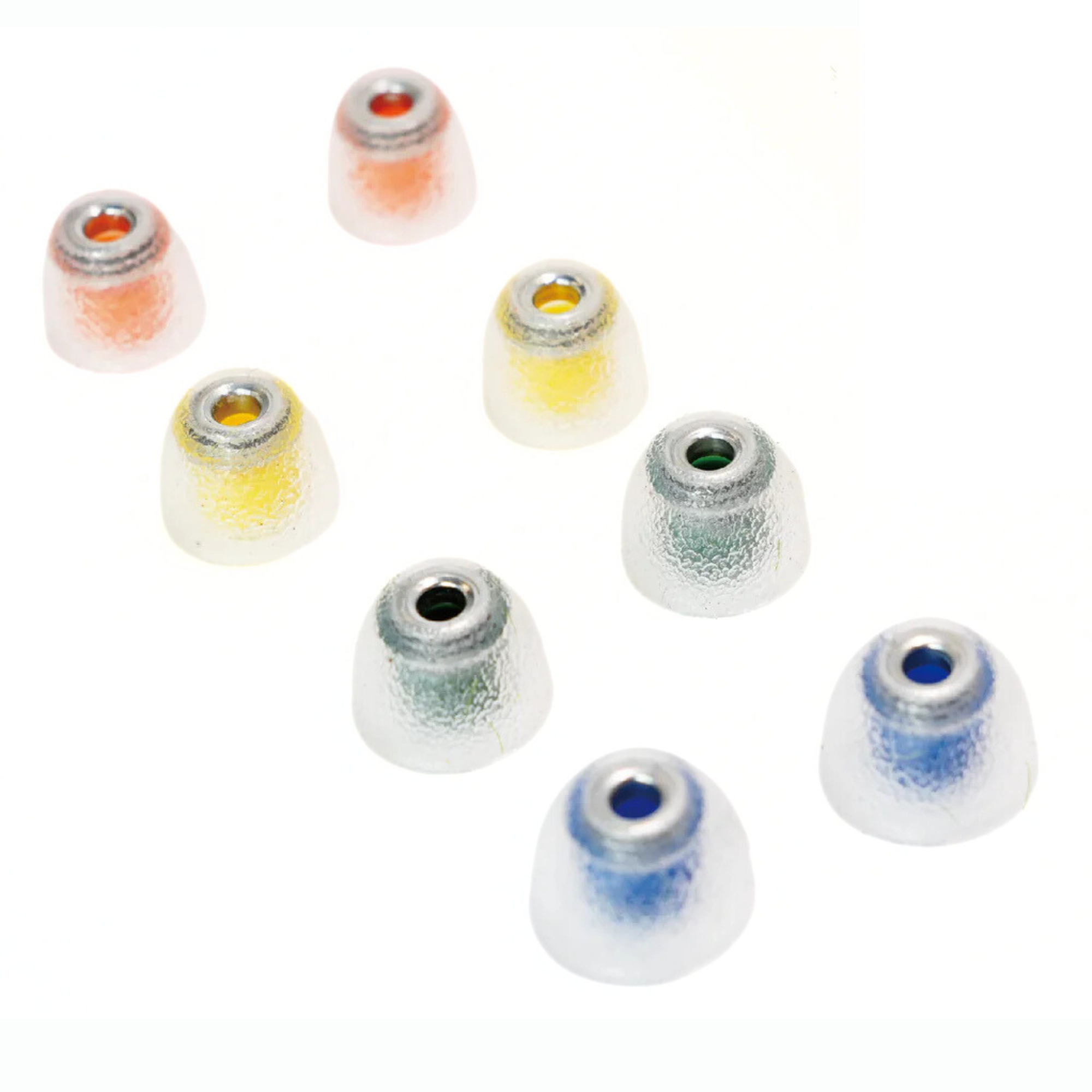 Set of eight multi-coloured IEM tips on a white background
