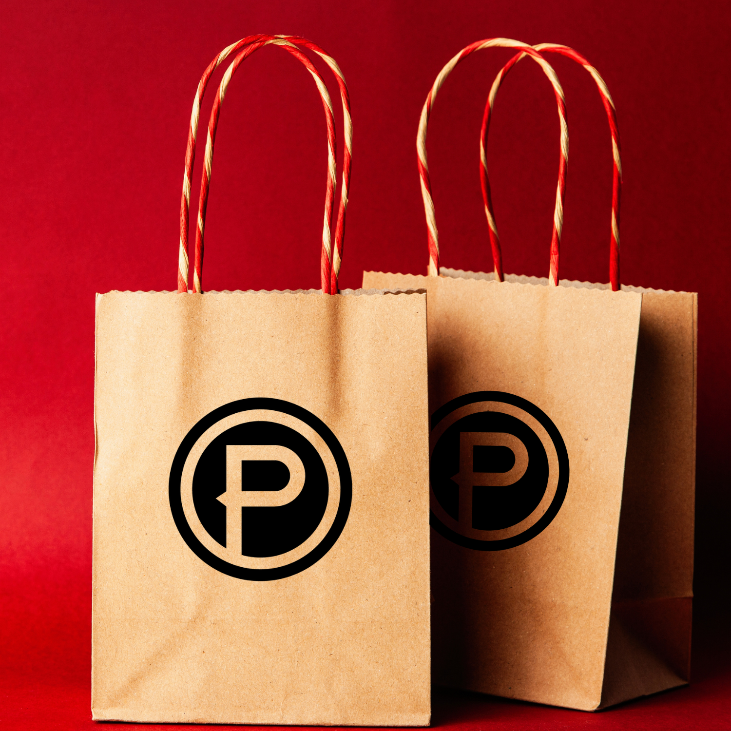 Kraft paper bags with Plunge Audio logo with red background.