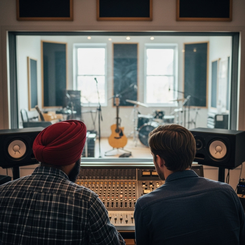 Two men pictured from behind sit in front of a recording console and room with instruments.