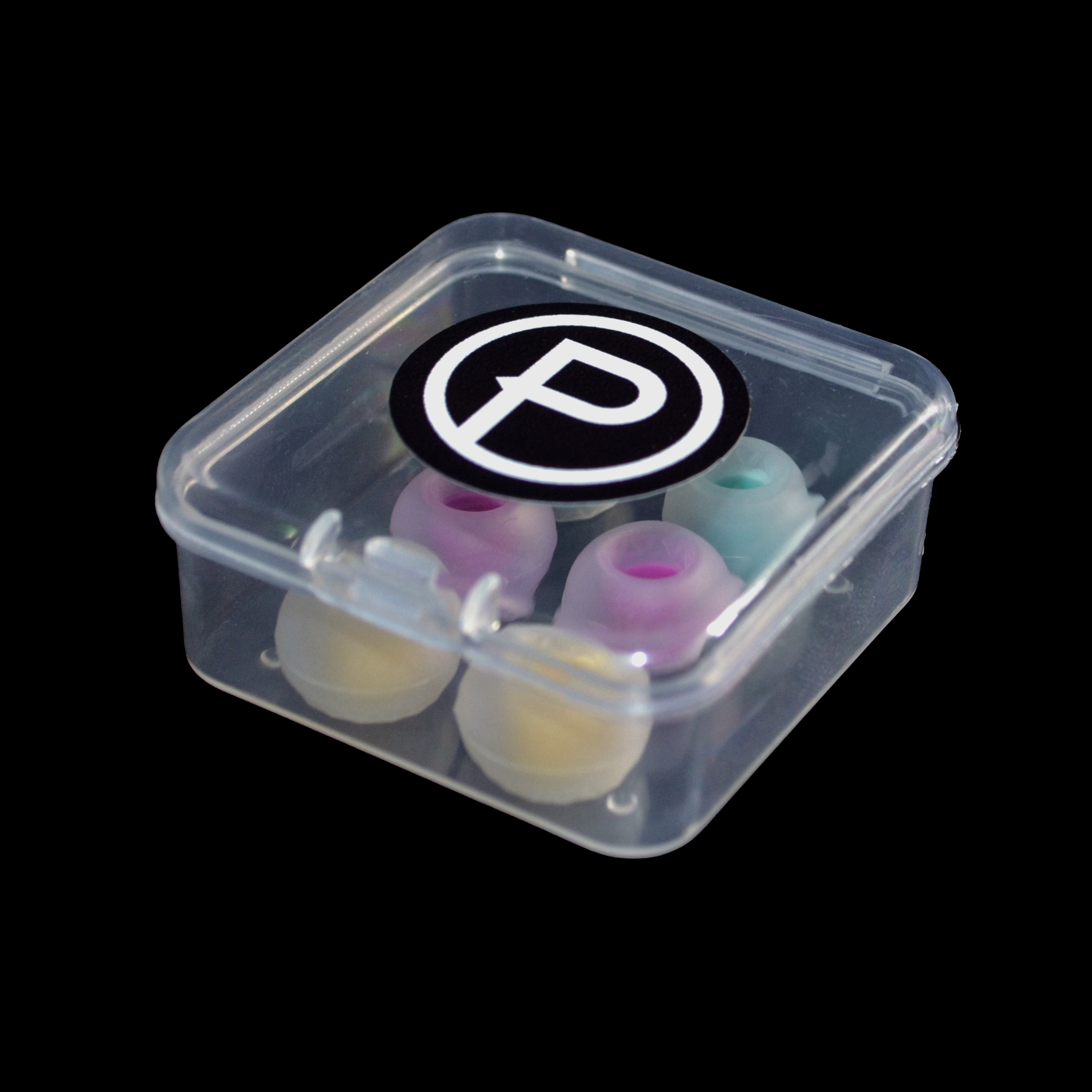 Clear plastic container with a black and white Plunge logo on a black background
