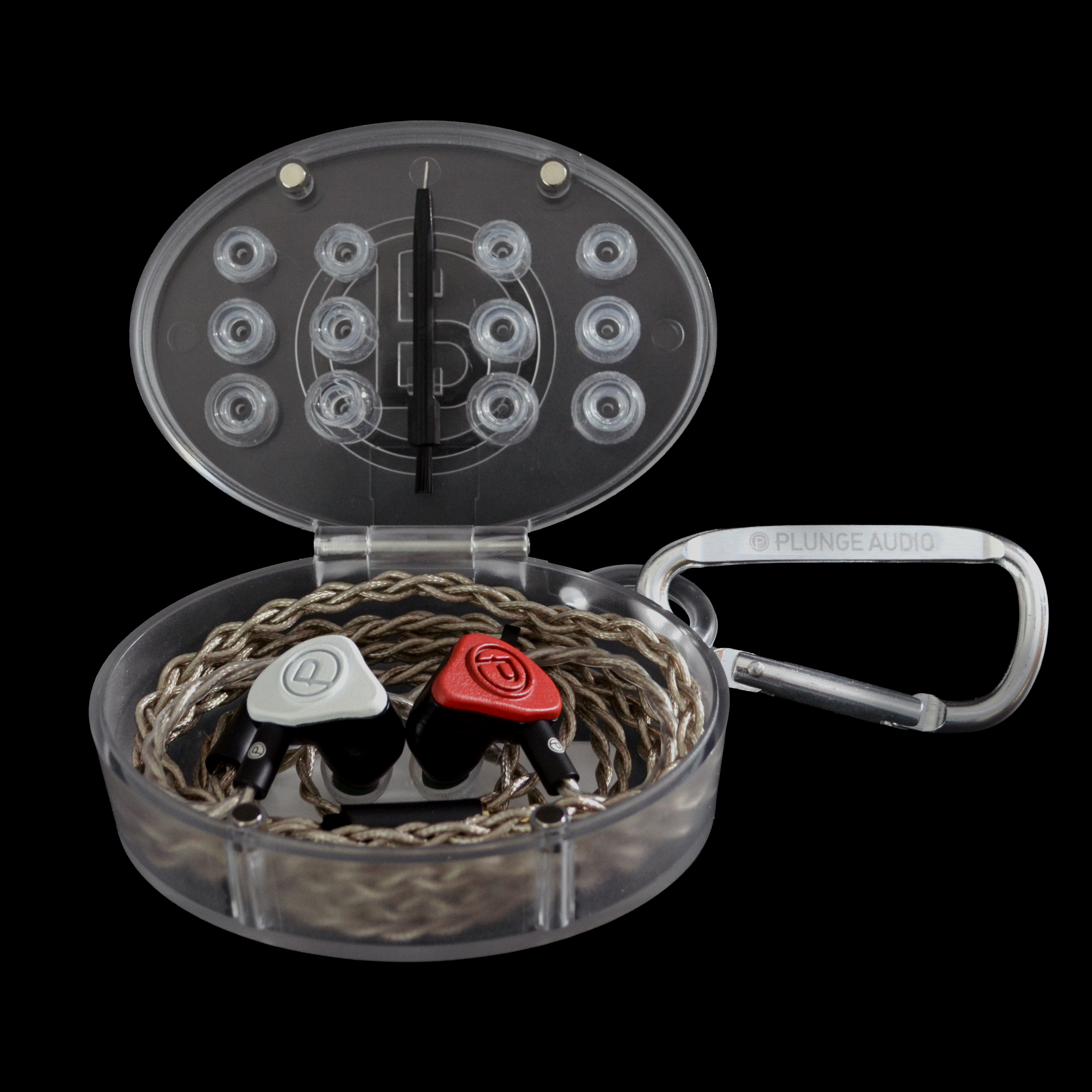 Clear open case with red and white IEMs on a black background