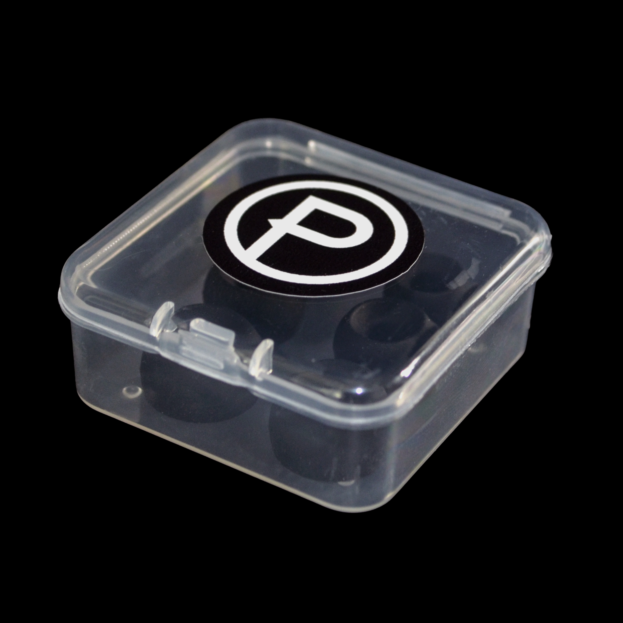 Clear plastic container with a black and white Plunge logo on a black background