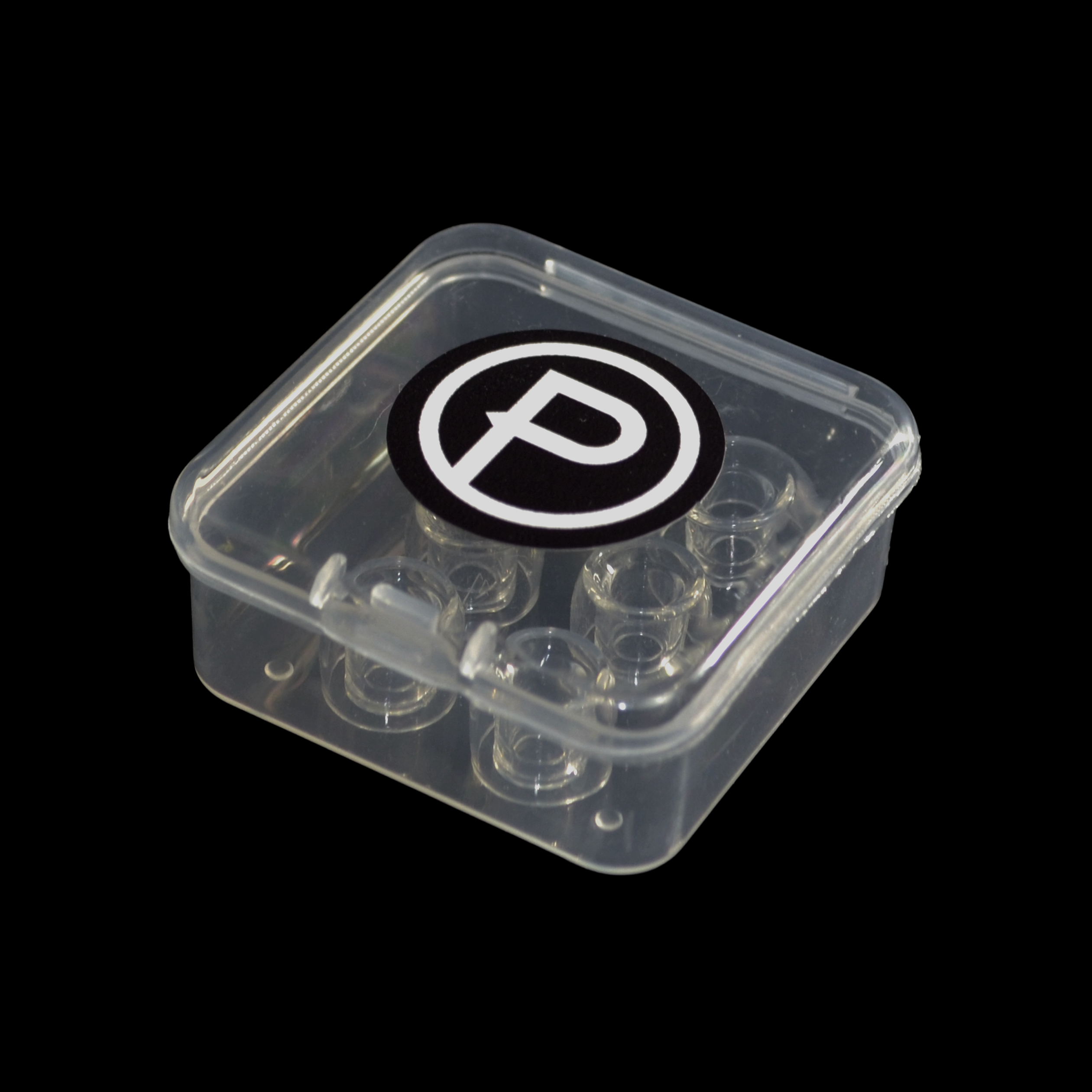 Clear plastic container with a logo on a black background