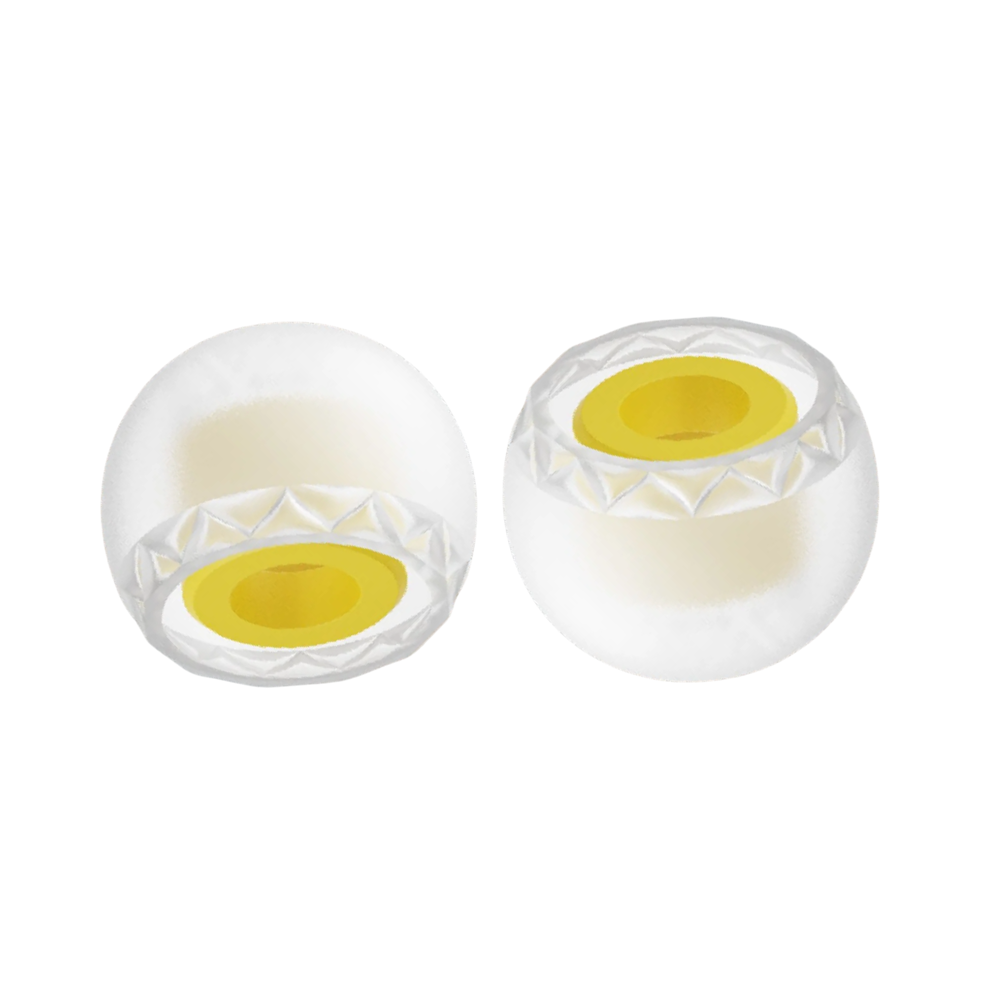 Two clear spherical IEM tips with yellow centers on a white background