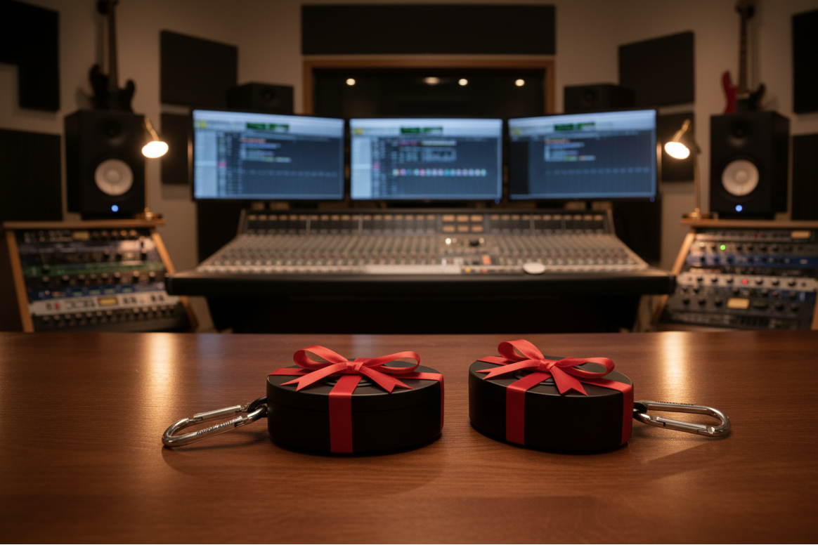 Two black boxes with red ribbons on a wooden surface in a music studio setting.