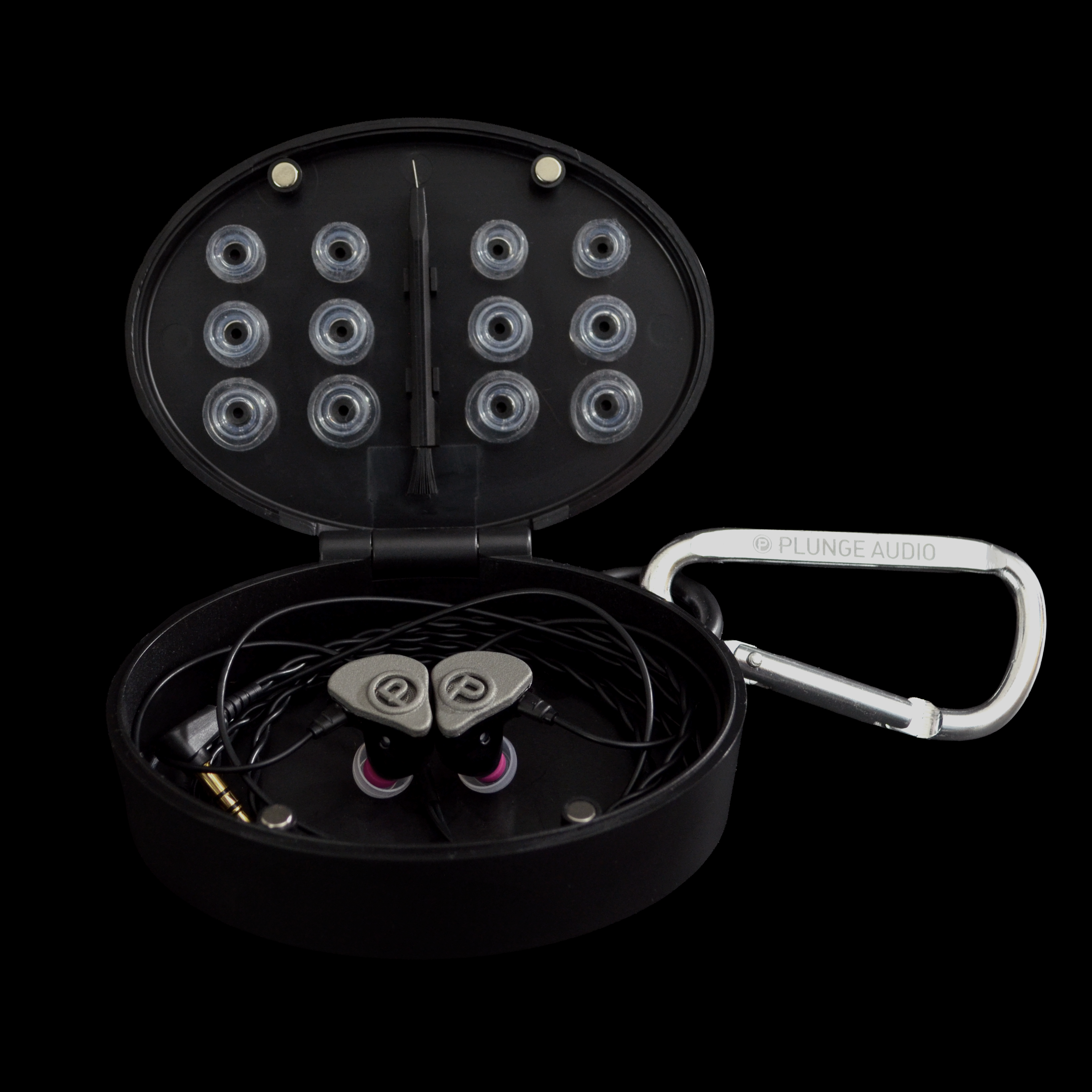 Black travel case with IEM components on a black background