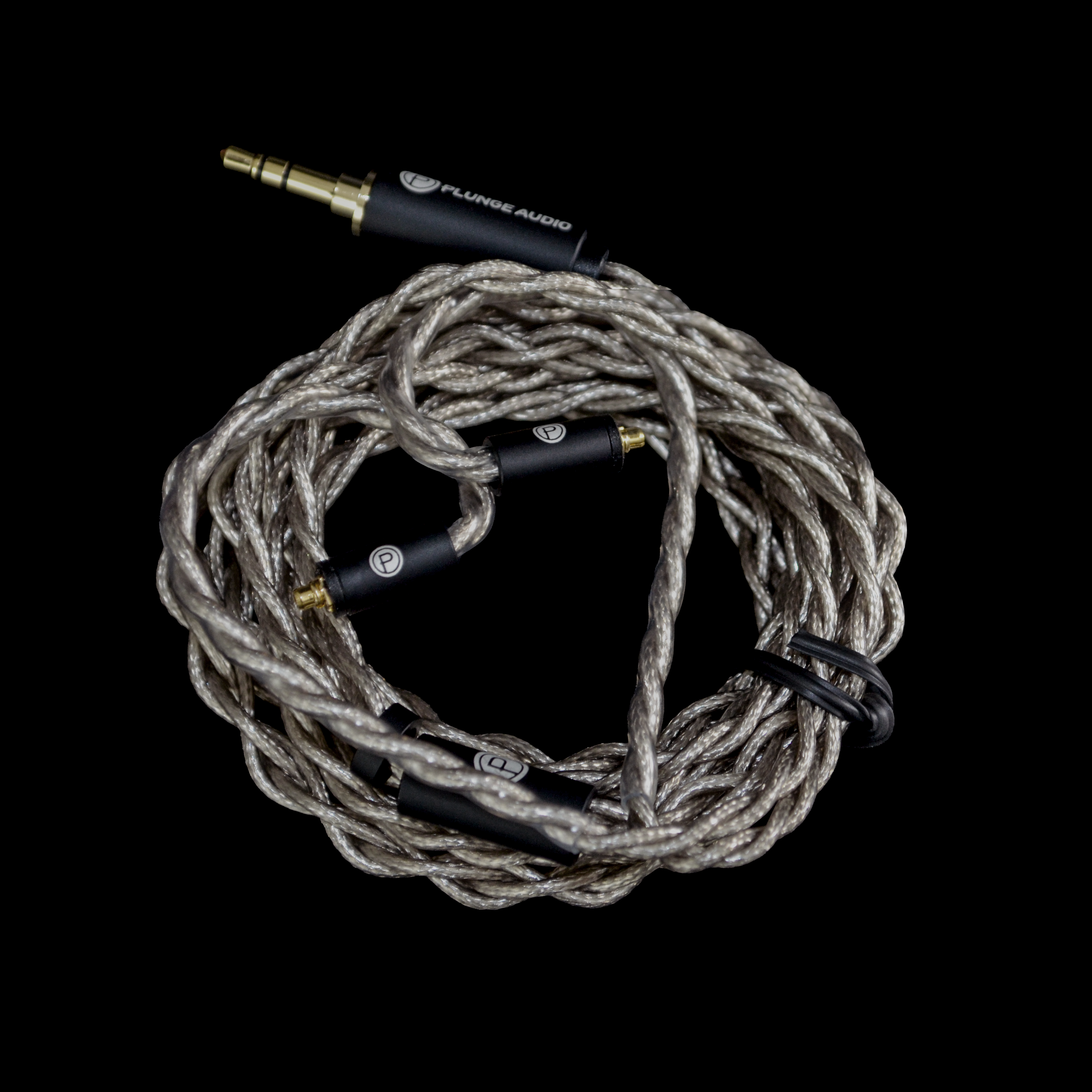Coiled Plunge Audio IEM cable with connectors on a black background.