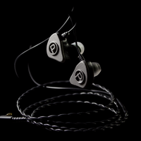 In-ear monitors with braided cable on a black background