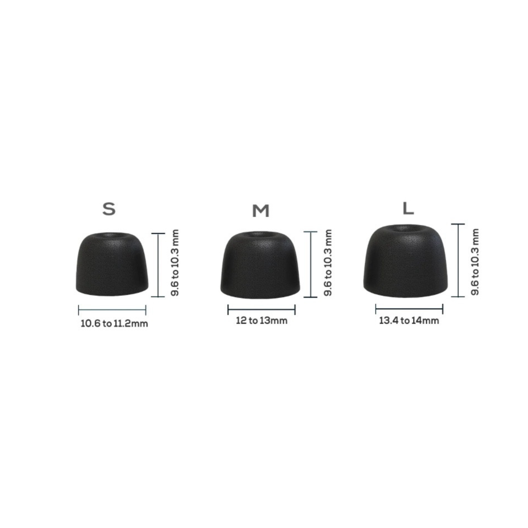 Black foam IEM tips with S, M, and L measurements.