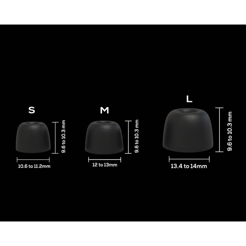 Black foam IEM tips with S, M, and L measurements.