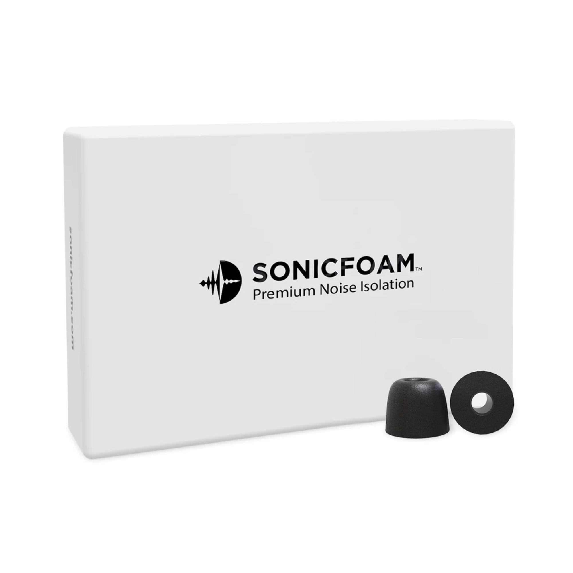 Black foam IEM tips in front of white box with Sonicfoam logo.