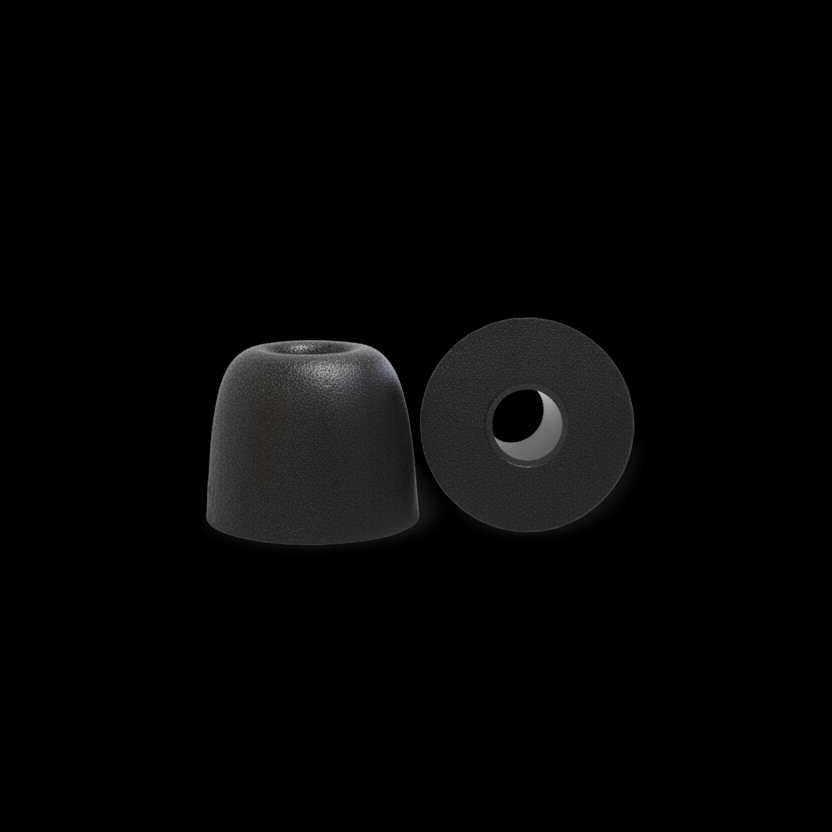 Black foam IEM tips in front of white box with Sonicfoam logo.