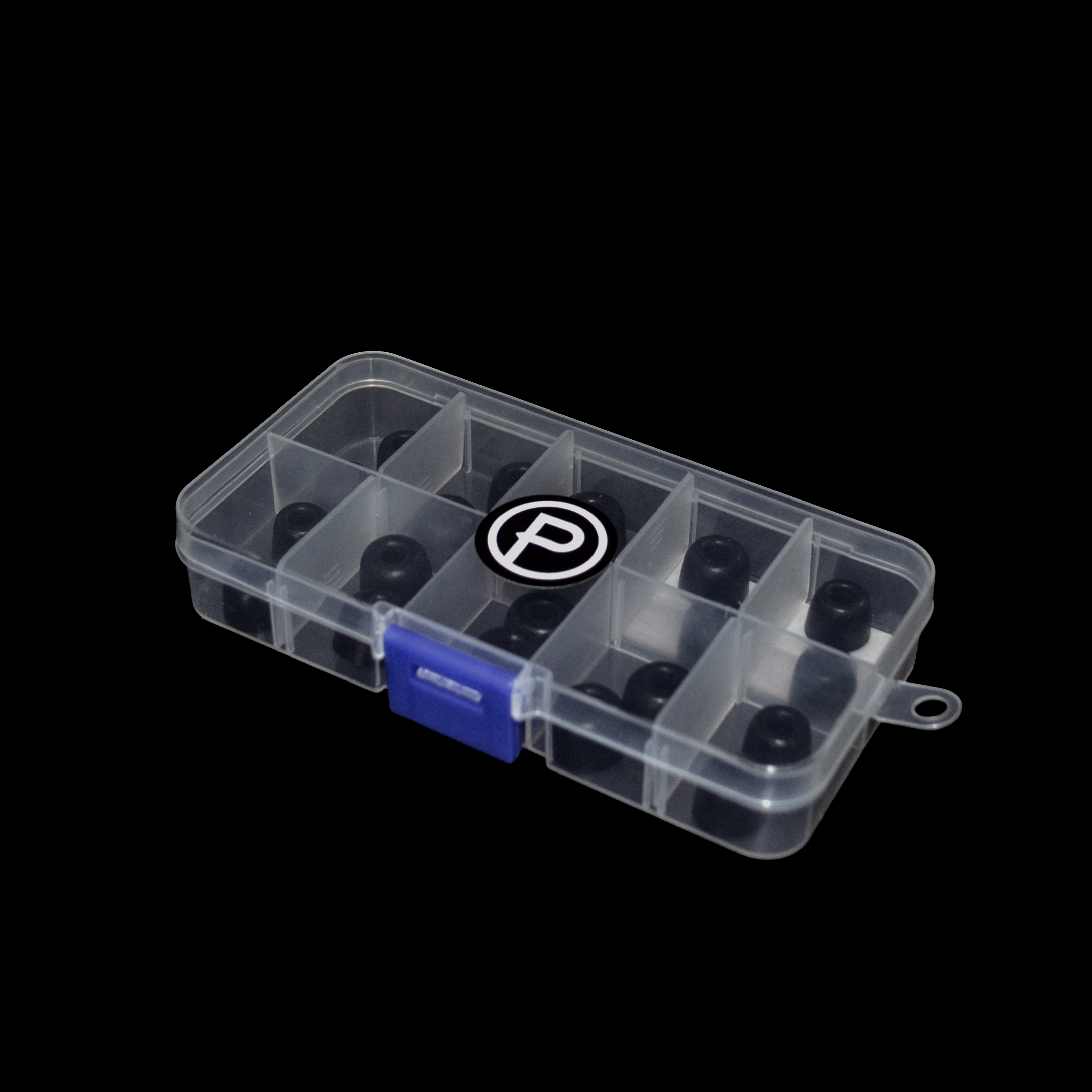 Clear plastic compartmentalized box with blue latch on a black background