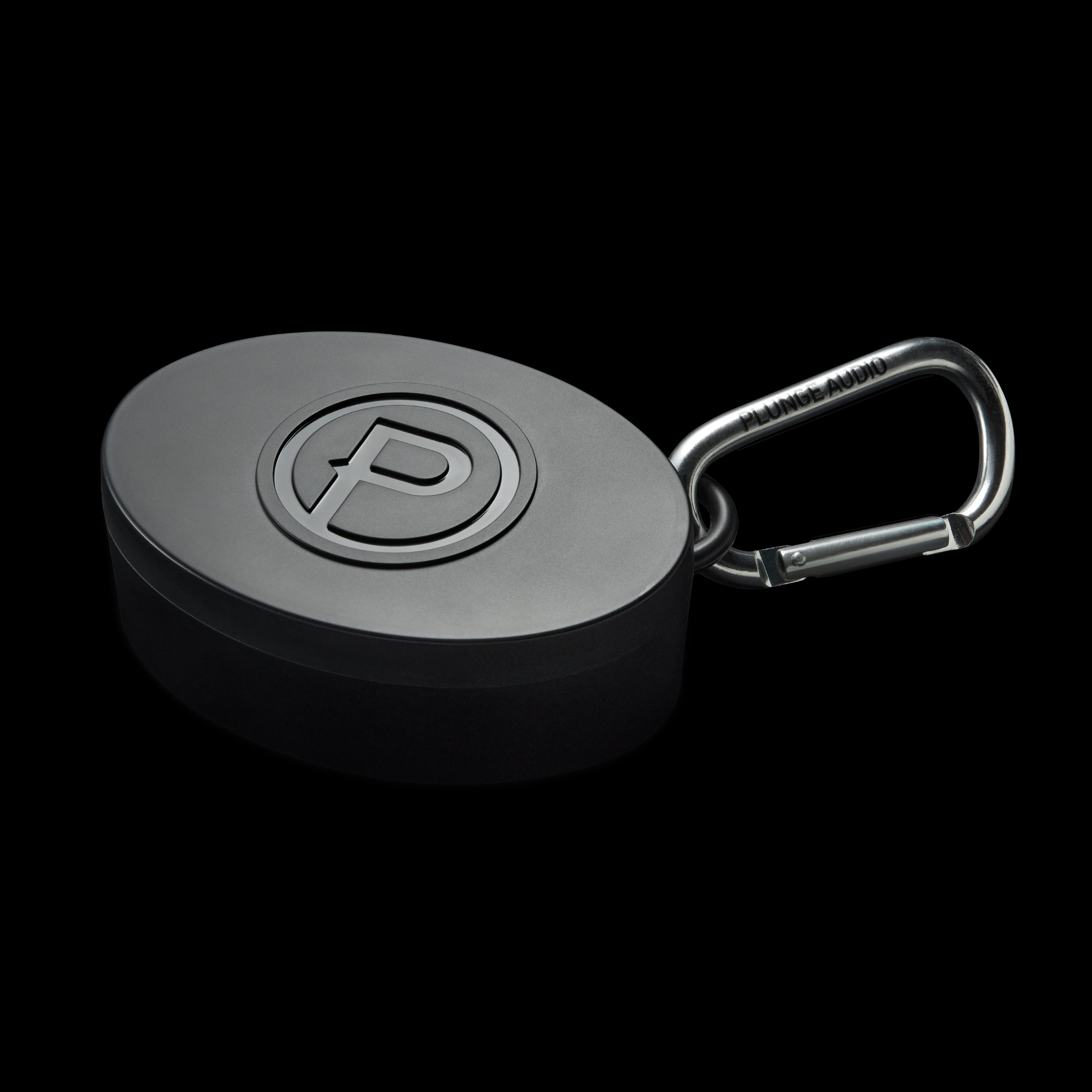 Black oval hardshell IEM case with silver carabiner.