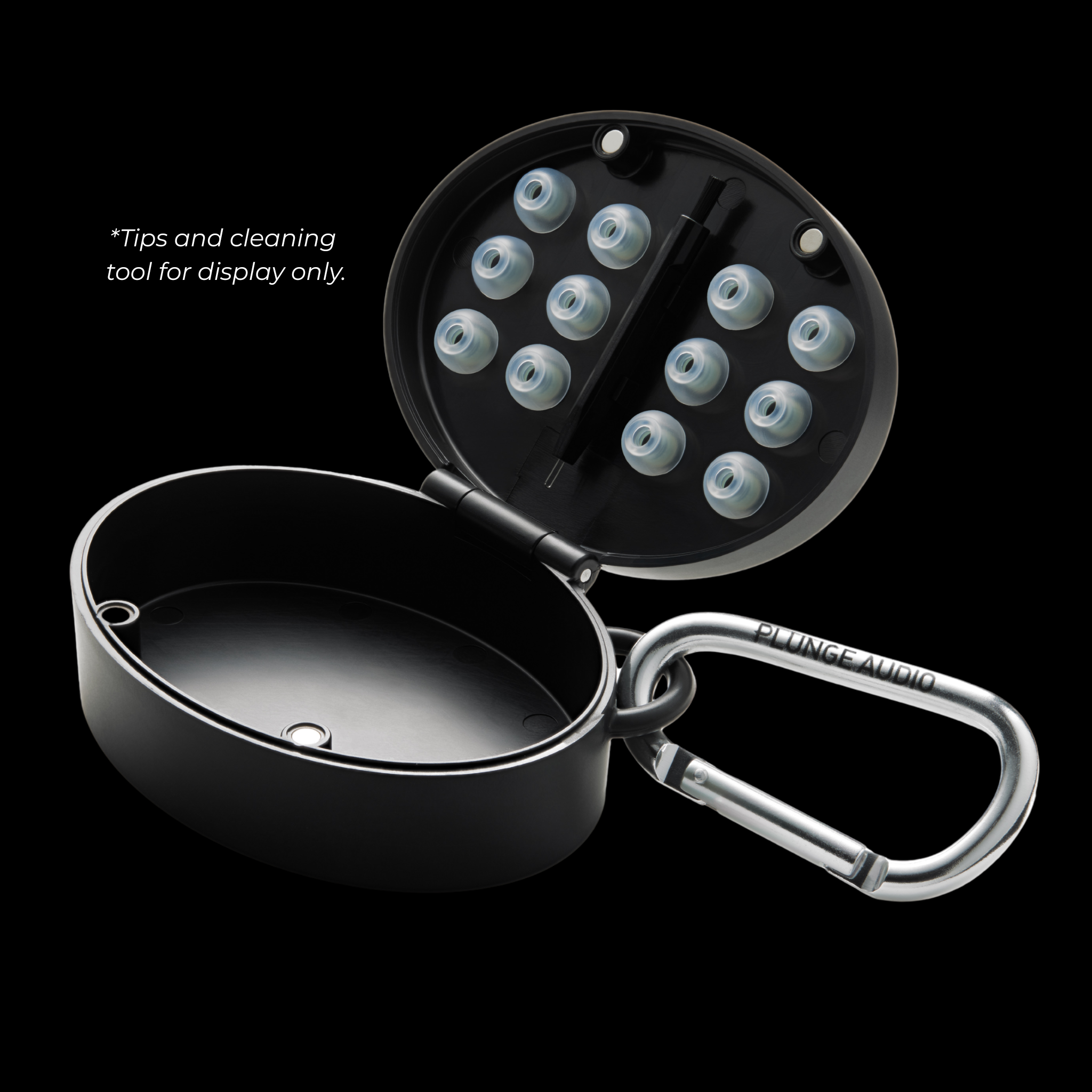 Black oval hardshell open IEM case with silver carabiner.