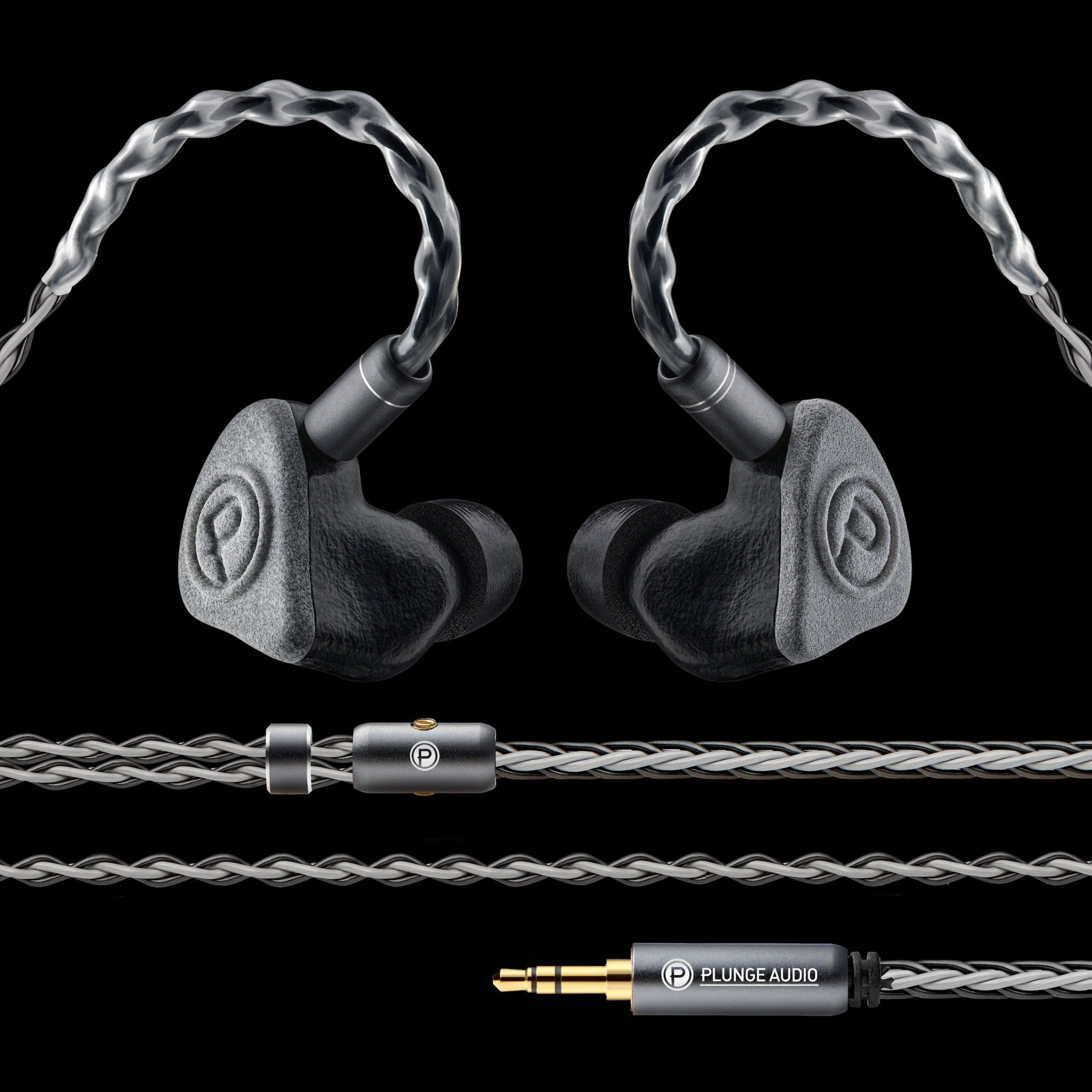 Plunge Audio grey IEMs and cable.