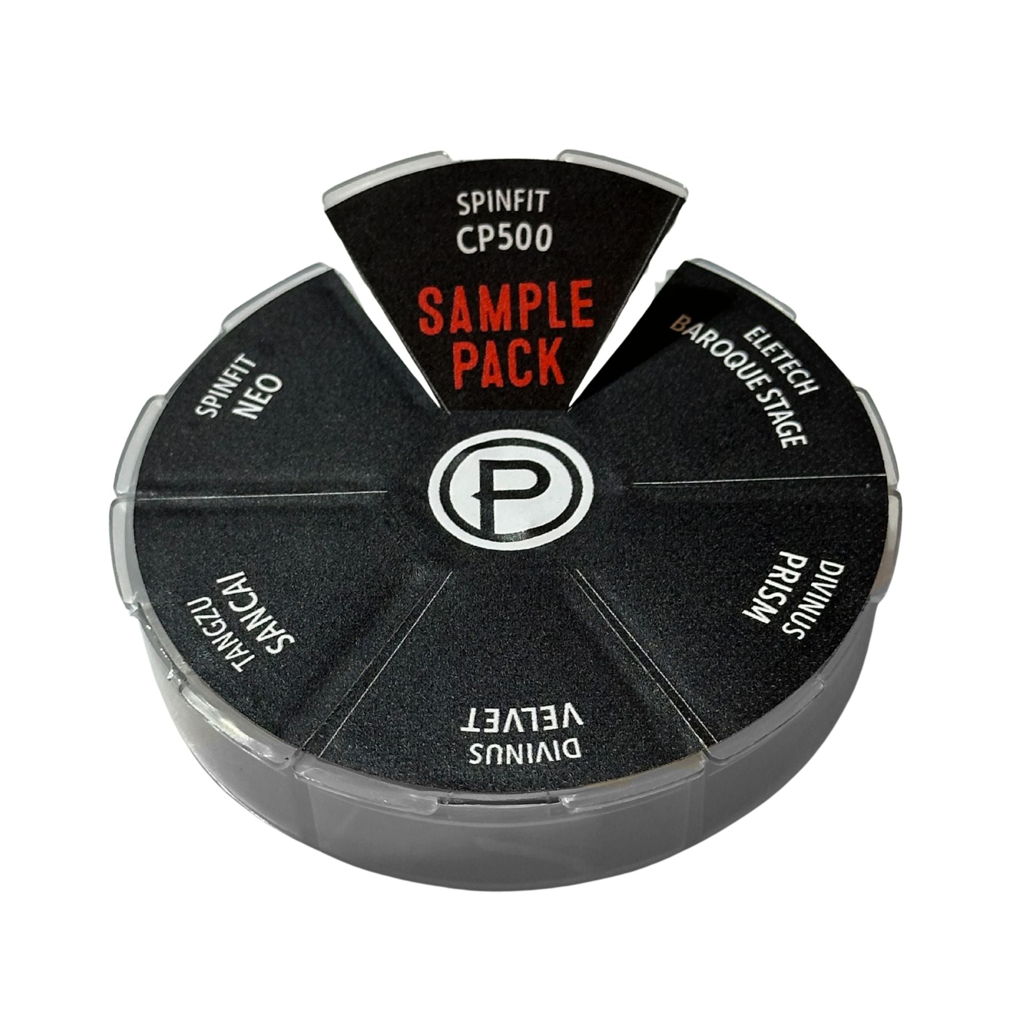 Round IEM tip sample pack with various product names on a white background