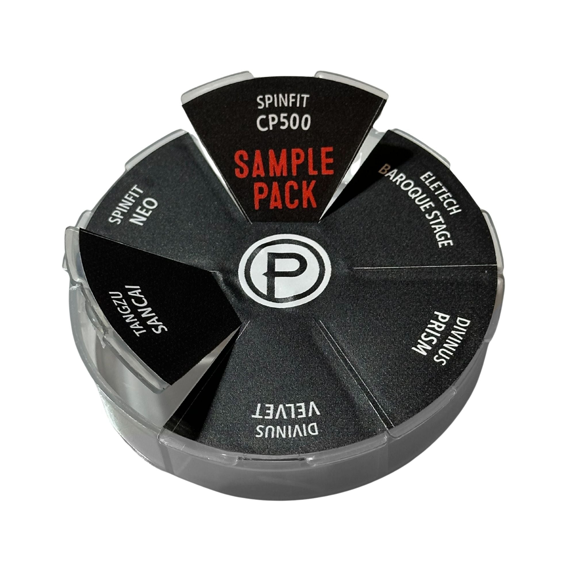Round IEM tip sample pack with various product names on a white background