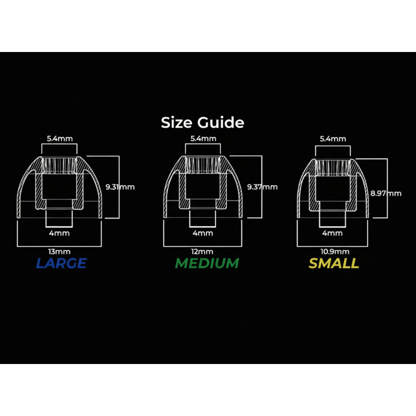 Tangzu silicone IEM tip measurements for small, medium, and large.