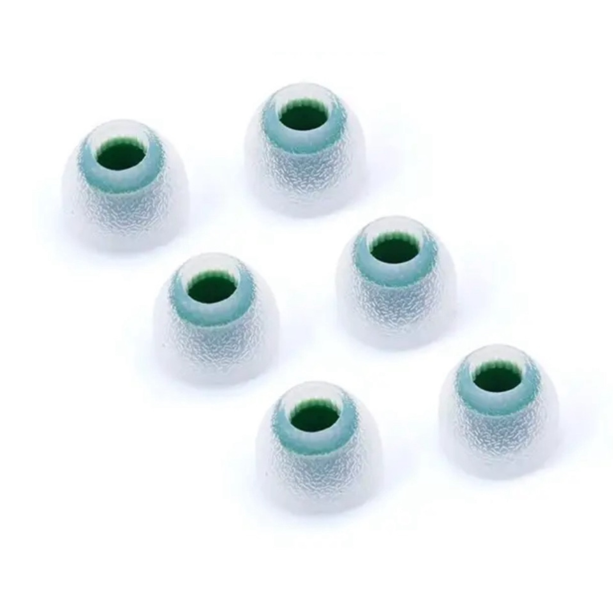 Six turquoise silicone IEM tips.